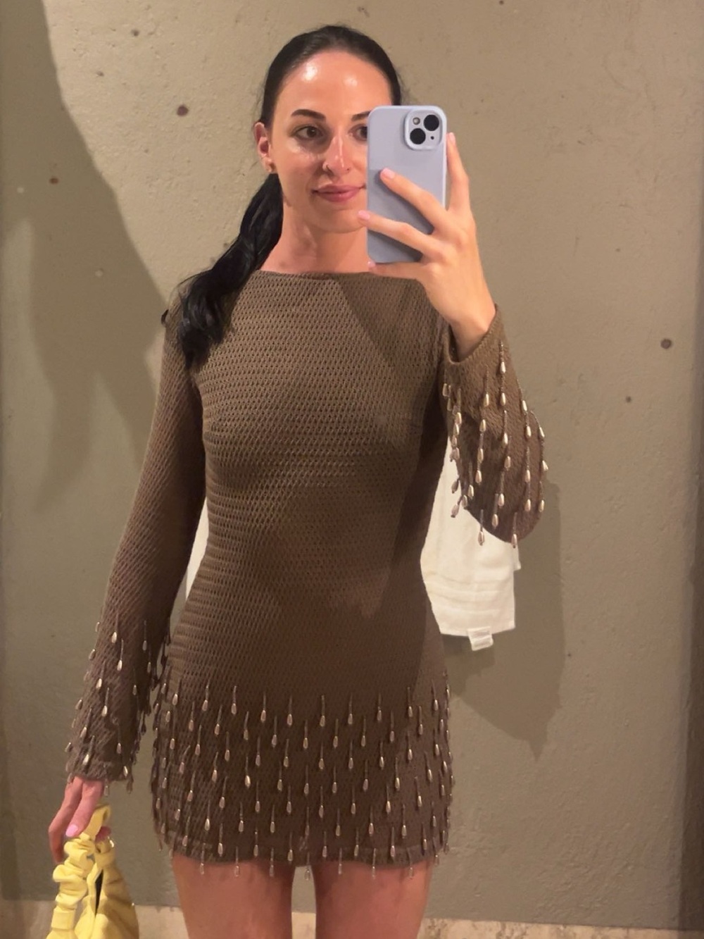 Pretty Little Thing TAUPE TEXTURED LONG SLEEVE PEARL DETAIL MINI DRESS
